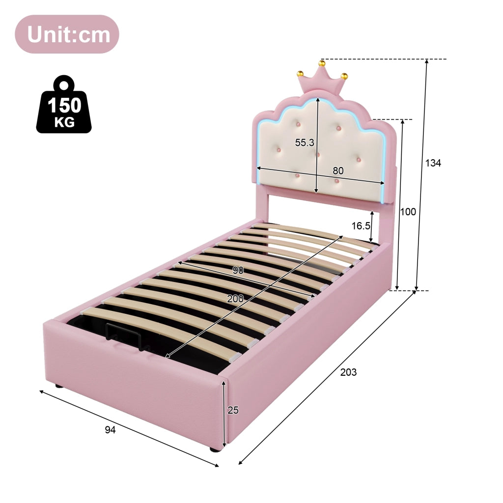 Letto per bambini imbottito 90×200 cm con rete; contenitore idraulico e LED; senza materasso; PU; rosa