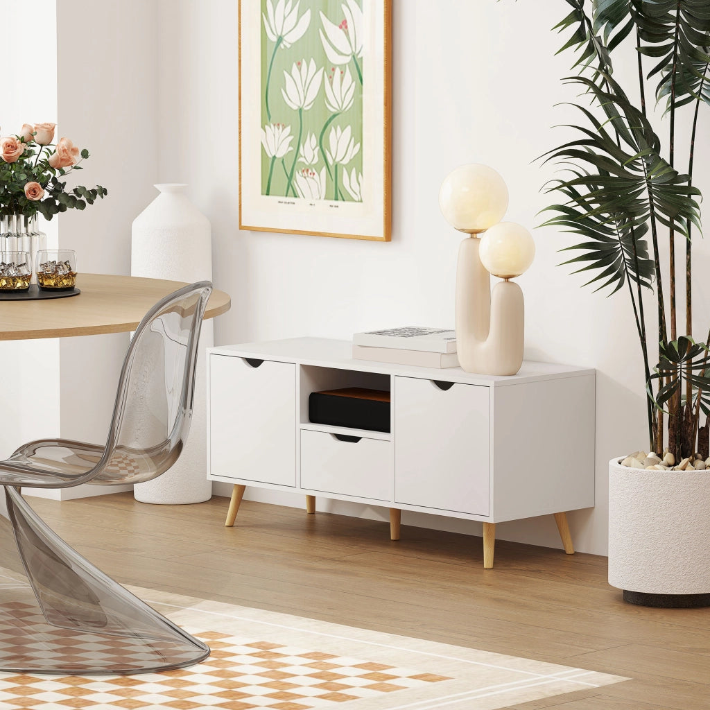 Mobile TV con Cassetto, Ripiani Aperti e Armadietti ¨C zephmum ¨C 110x40x50 cm, Bianco e Legno