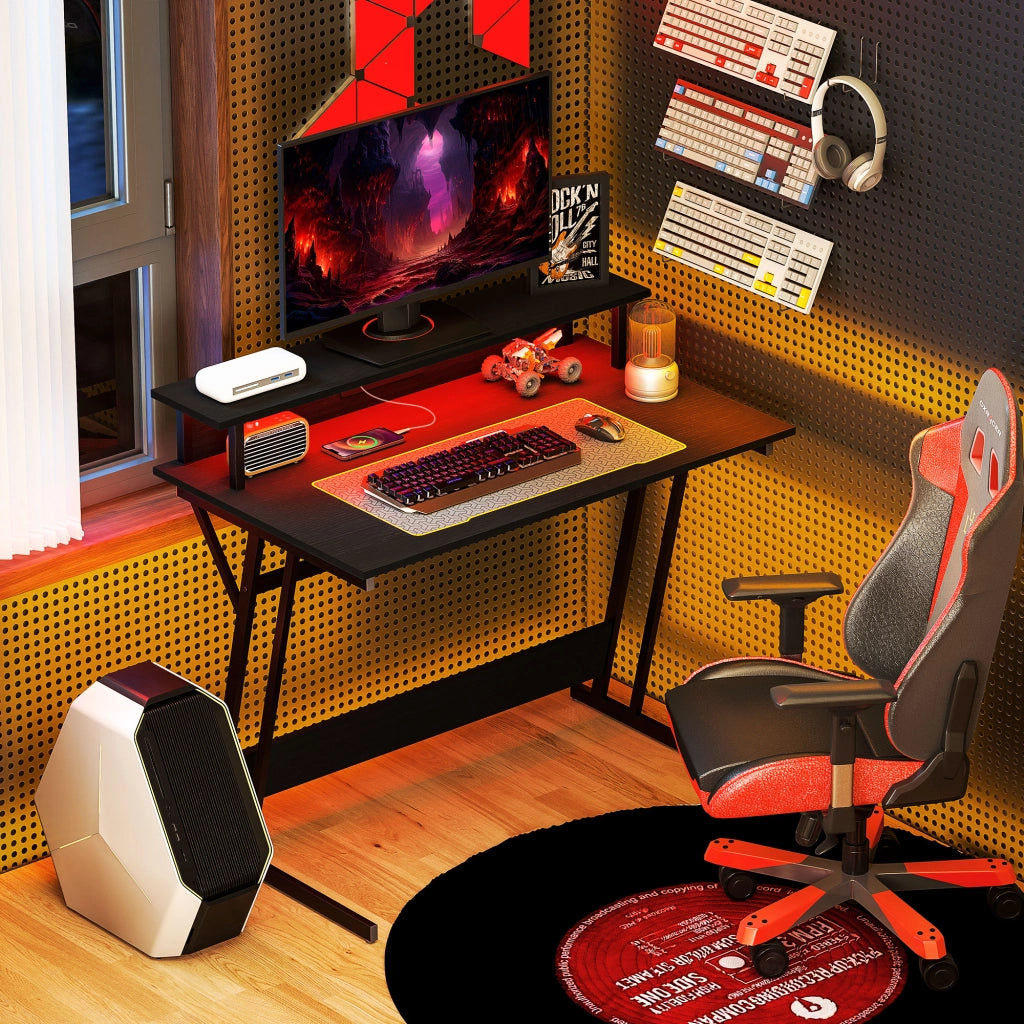 Scrivania Gaming con Supporto Monitor e Luci LED ¨C Minimal ¨C Nero, Truciolato e Acciaio, 100x60x88.5 cm