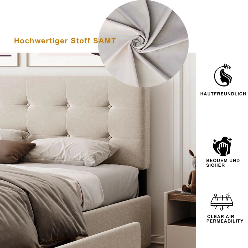 DESMIU Letto matrimoniale 140 × 200 cm 2 posti con 4 cassetti contenitori, senza materasso, in velluto, beige