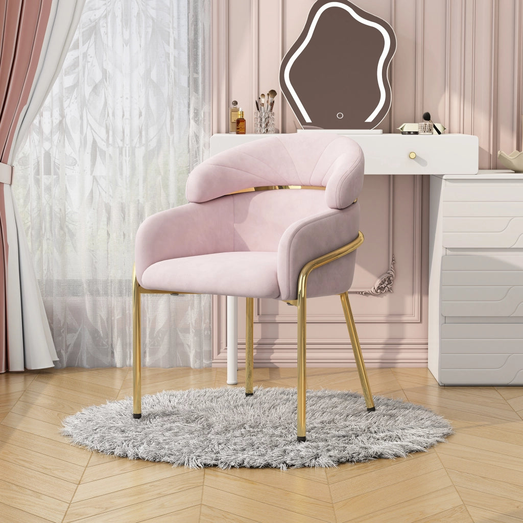 Sedia da pranzo singola con schienale ergonomico in velluto; 4 gambe in metallo; per soggiorno e camera; rosa