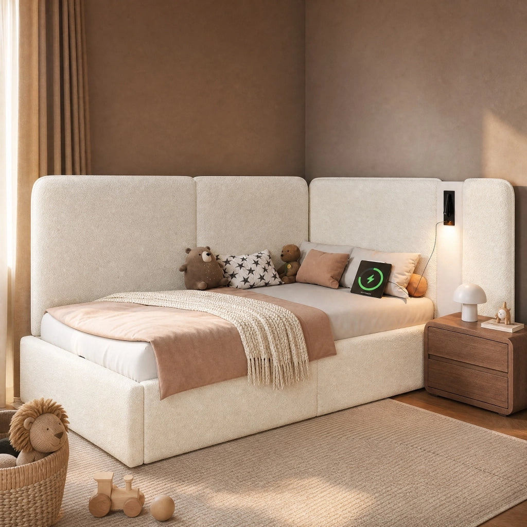 LETTO Contenitore idraulico 90x200 cm Beige Bouclé con lampada e USB