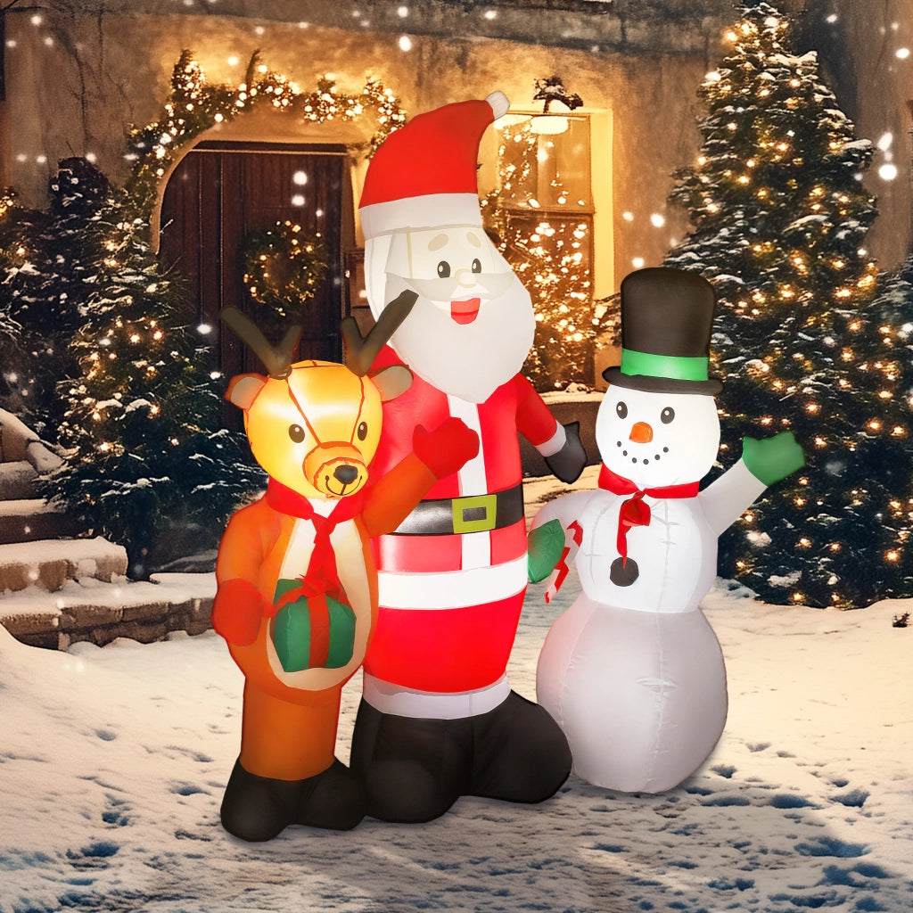 Babbo Natale Inflabile 150 cm con Renna e Pupazzo di Neve Luci LED ¨C Zephmum ¨C Per Esterno Giardino