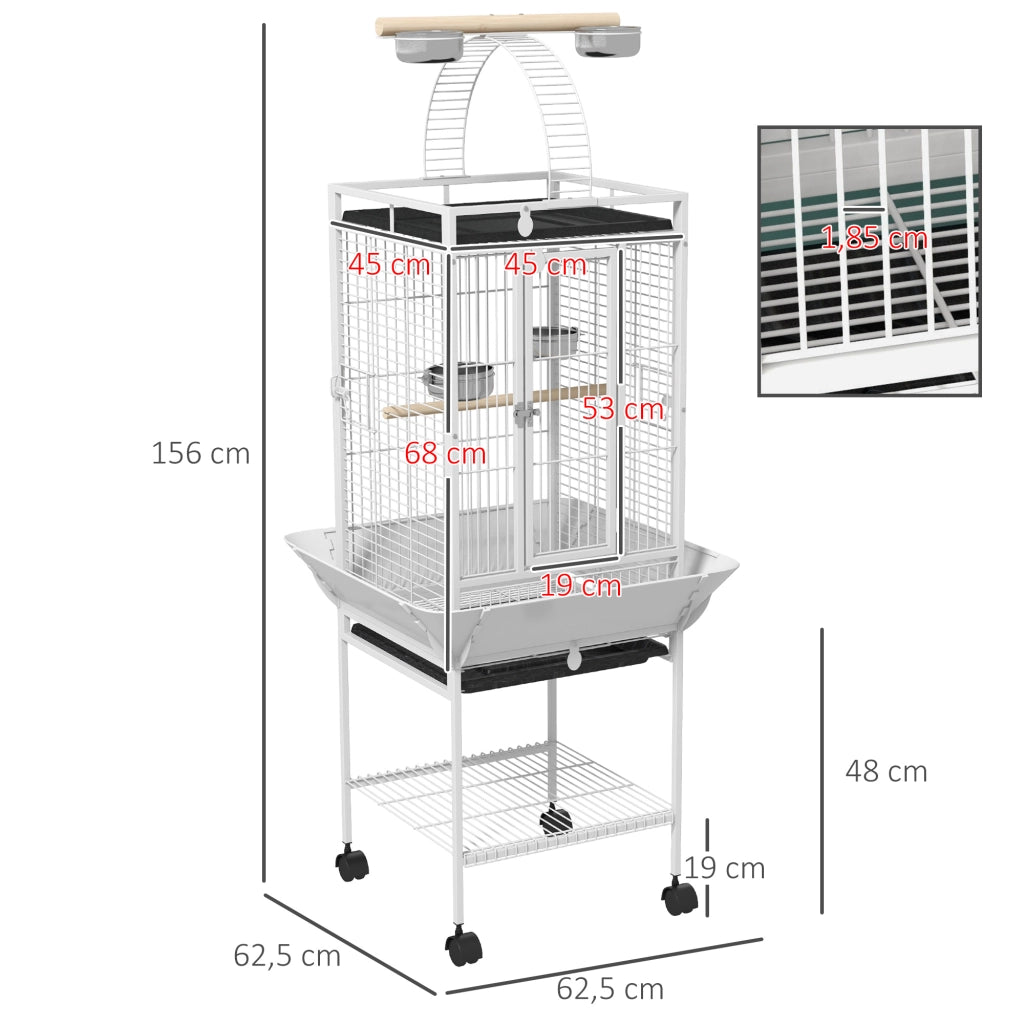 Gabbia per Uccelli con Ruote ¨C Xylo ¨C Voliera con Supporto e Vassoio Scorrevole 62,5x62,5x156cm Bianco