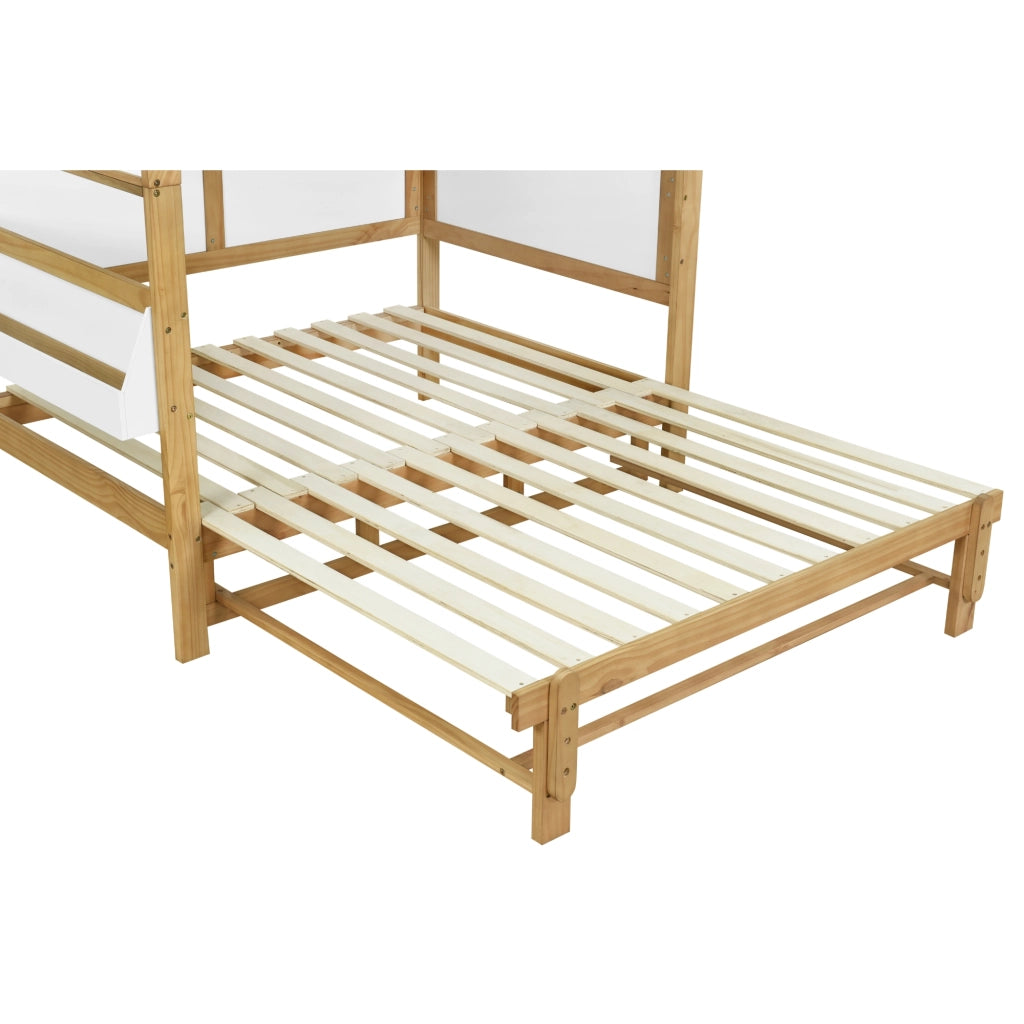 Letto Casetta 140x200 cm; Letto Singolo - Estraibile e Mensola Laterale - in Legno - Bianco e Naturale