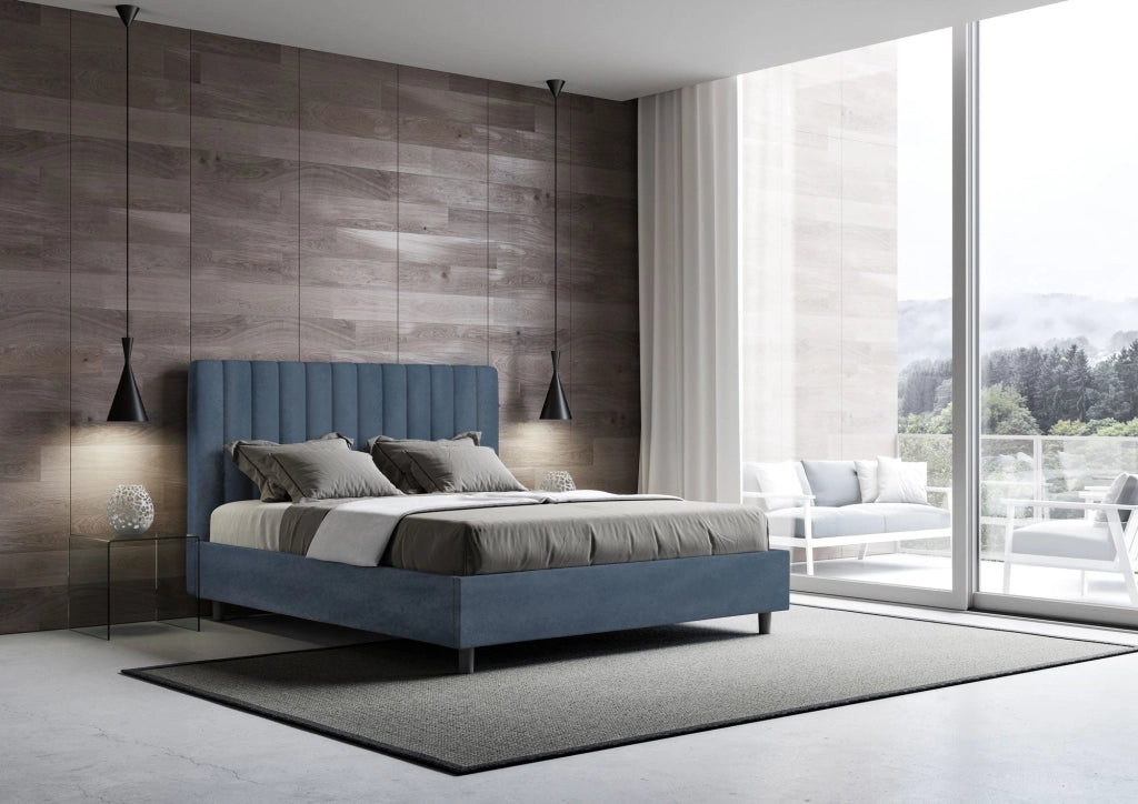 Letto Matrimoniale 160x190 cm con Rete e Contenitore Agueda Blu