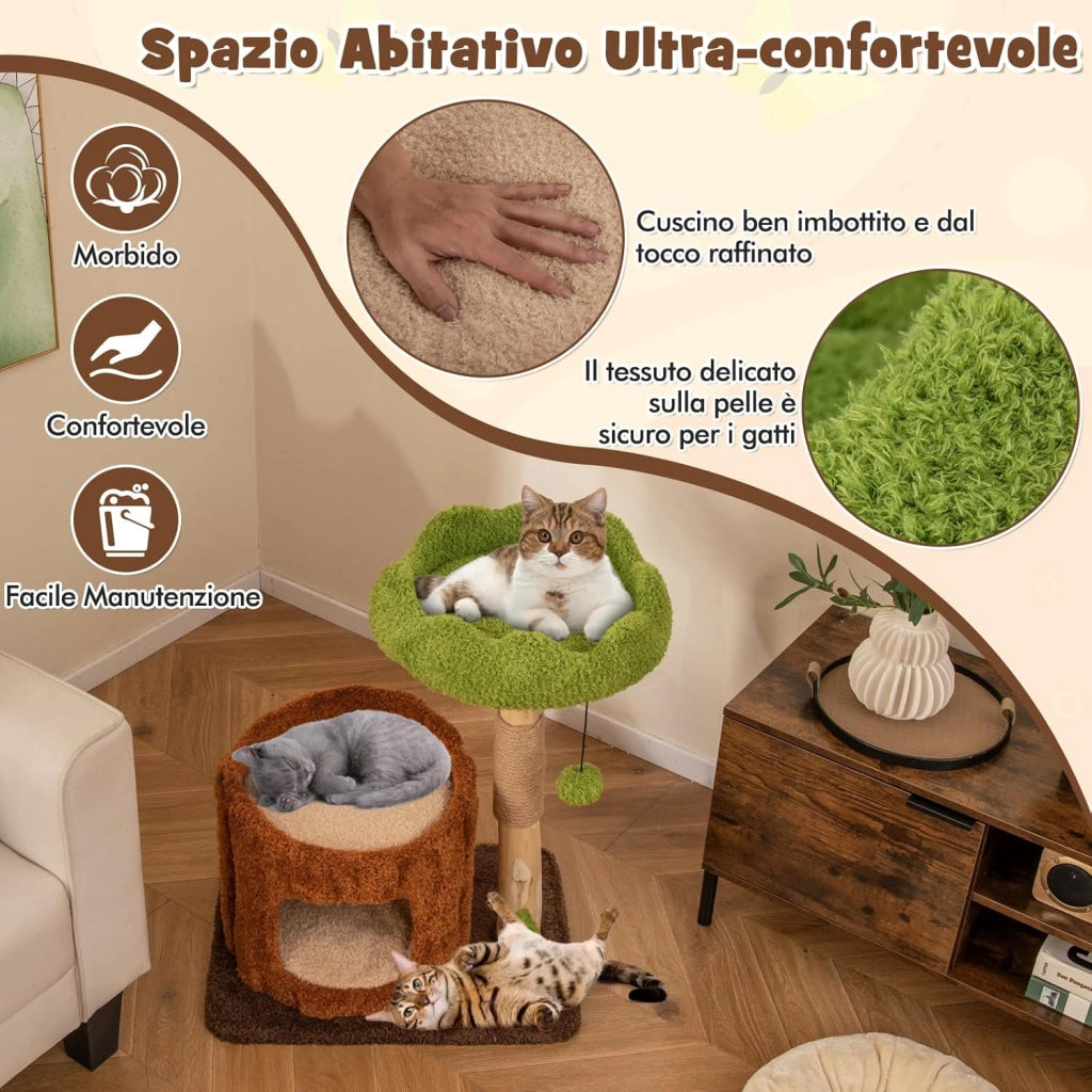 Tiragraffi a Forma di Albero per Gatti 73cm, Albero per Animali Domestici con Pali per Graffiare, Trespolo Superiore e Piattaforma Rotonda Ampia, Torre Moderno Interno, Marrone e Verde
