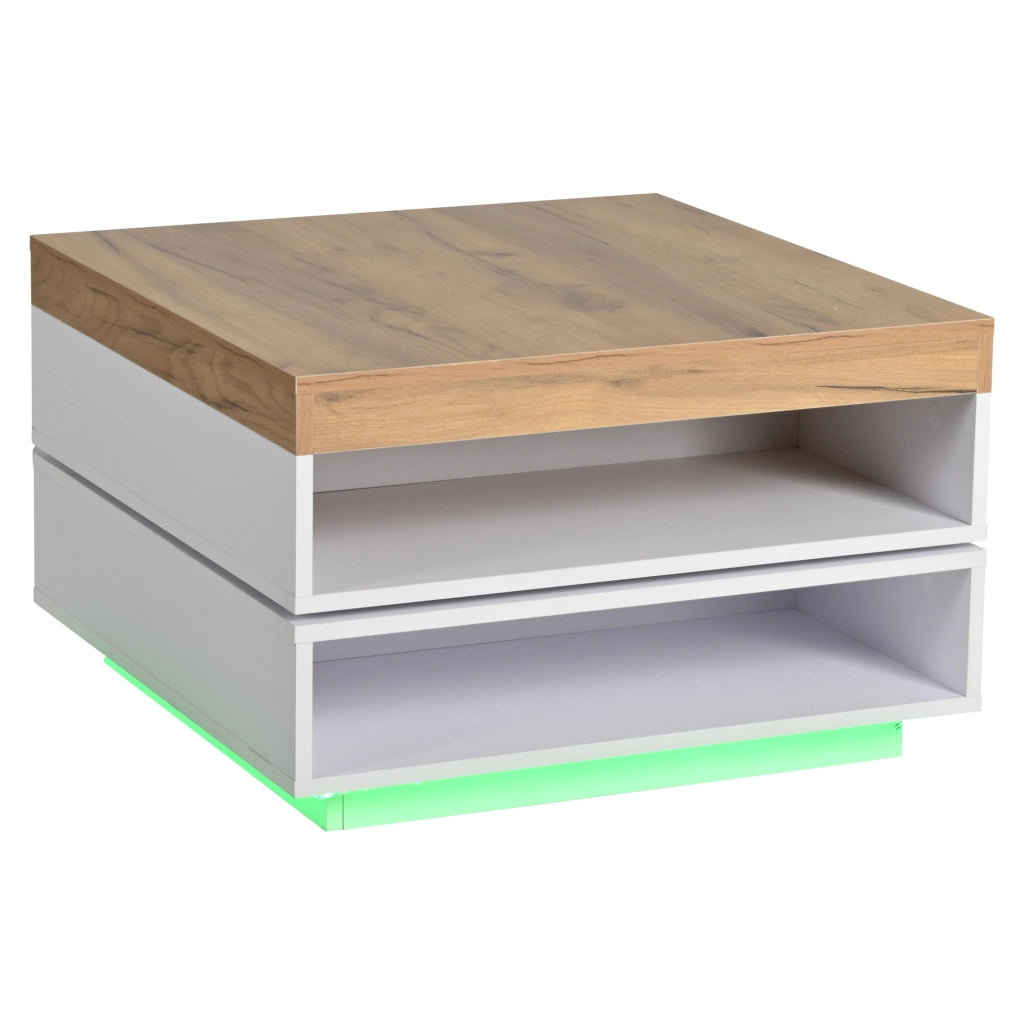 Tavolino quadrato 65¡Á65¡Á40 cm con piano girevole a 360¡ã, illuminazione LED e ripiani aperti, Bianco + effetto legno