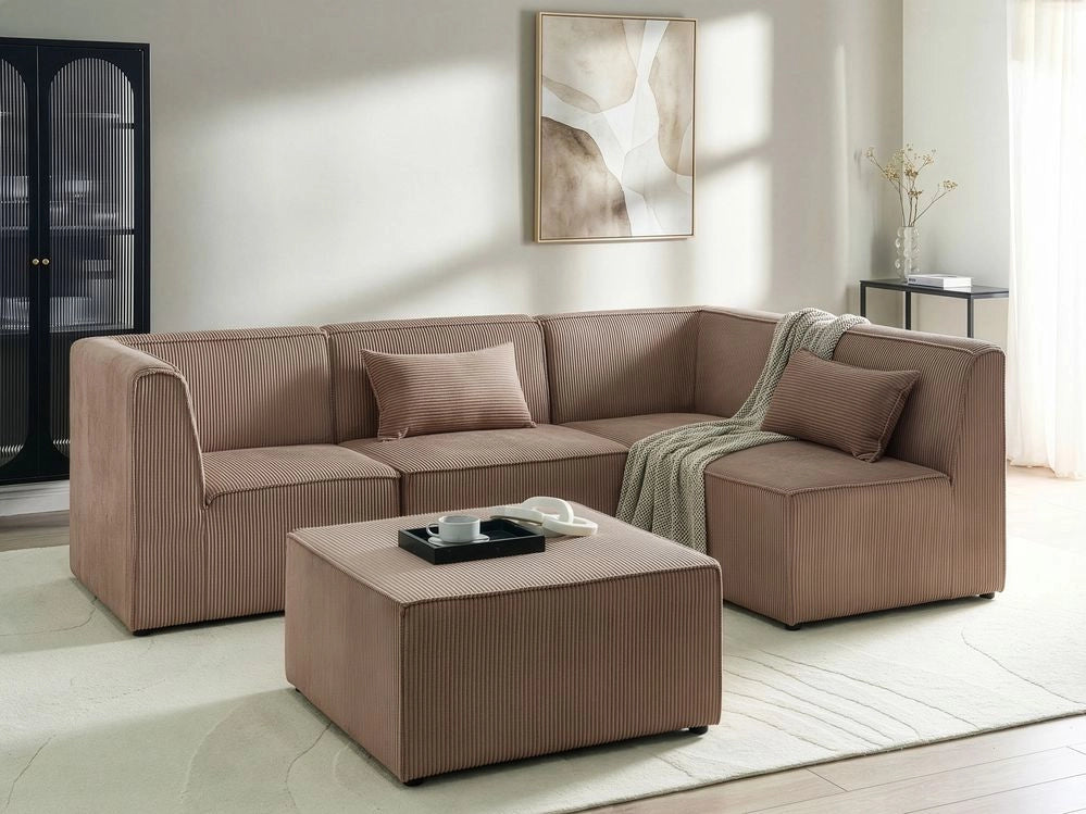 Divano modulare lato sinistro 4 posti con Ottomana in Velluto a coste sabbia design moderno soggiorno