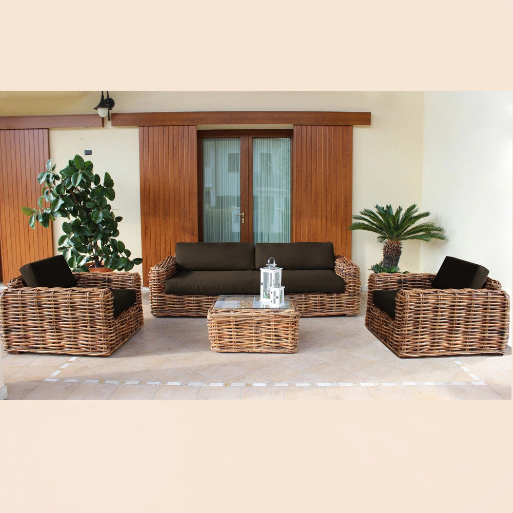 Set Salotto da Giardino Divano 2 Poltrone e Tavolino con Cuscini in Rattan Marrone