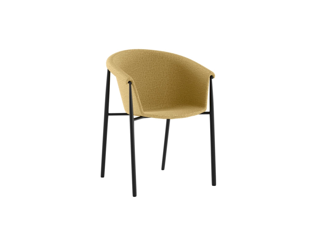 Sedia da pranzo Nari con scocca a guscio imbottita in tessuto Giallo e gambe in metallo Nero dal design moderno - 56x58x79 cm