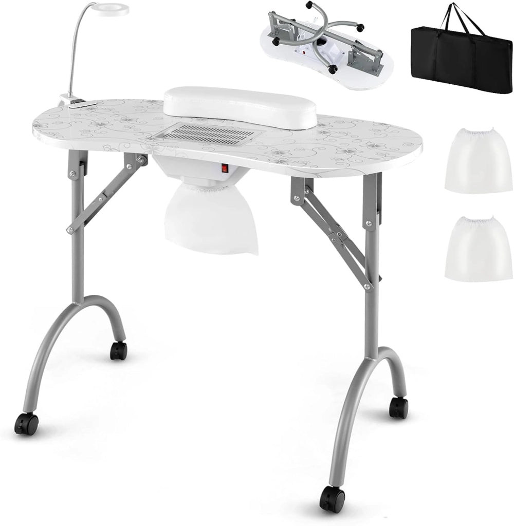Tavolo per Manicure Pieghevole con Aspiratore, Tavolo per Unghie Portatile con Luce LED Regolabile, Cuscino Poggia Polso Rimovibile, Borsa da Trasporto e 4 Ruote Bloccabili