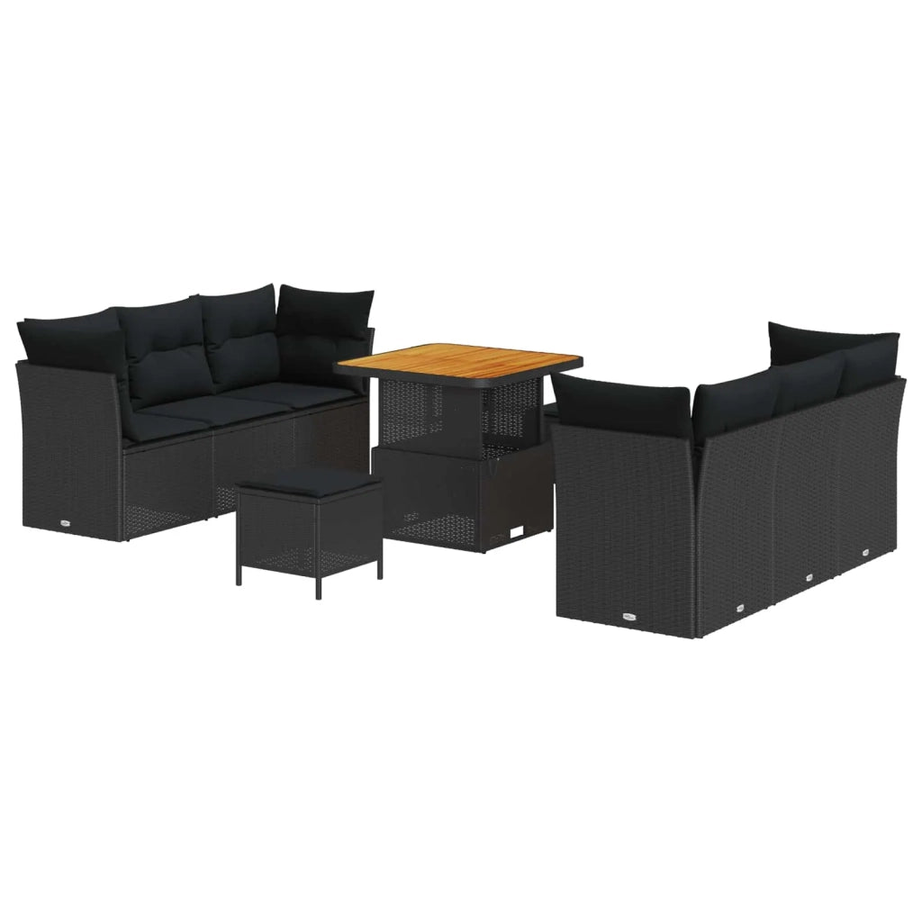 Set Divano da Giardino con cuscino 9 pcs Nero polyrattan