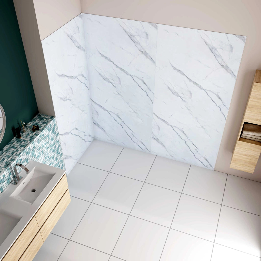 H.210 cm Pannello Doccia ad Angolo 80x80x90 cm Realizzato in Alluminio da 3 mm con Profili Finitura Bianco Alba per Rivestimento Parete Bagno