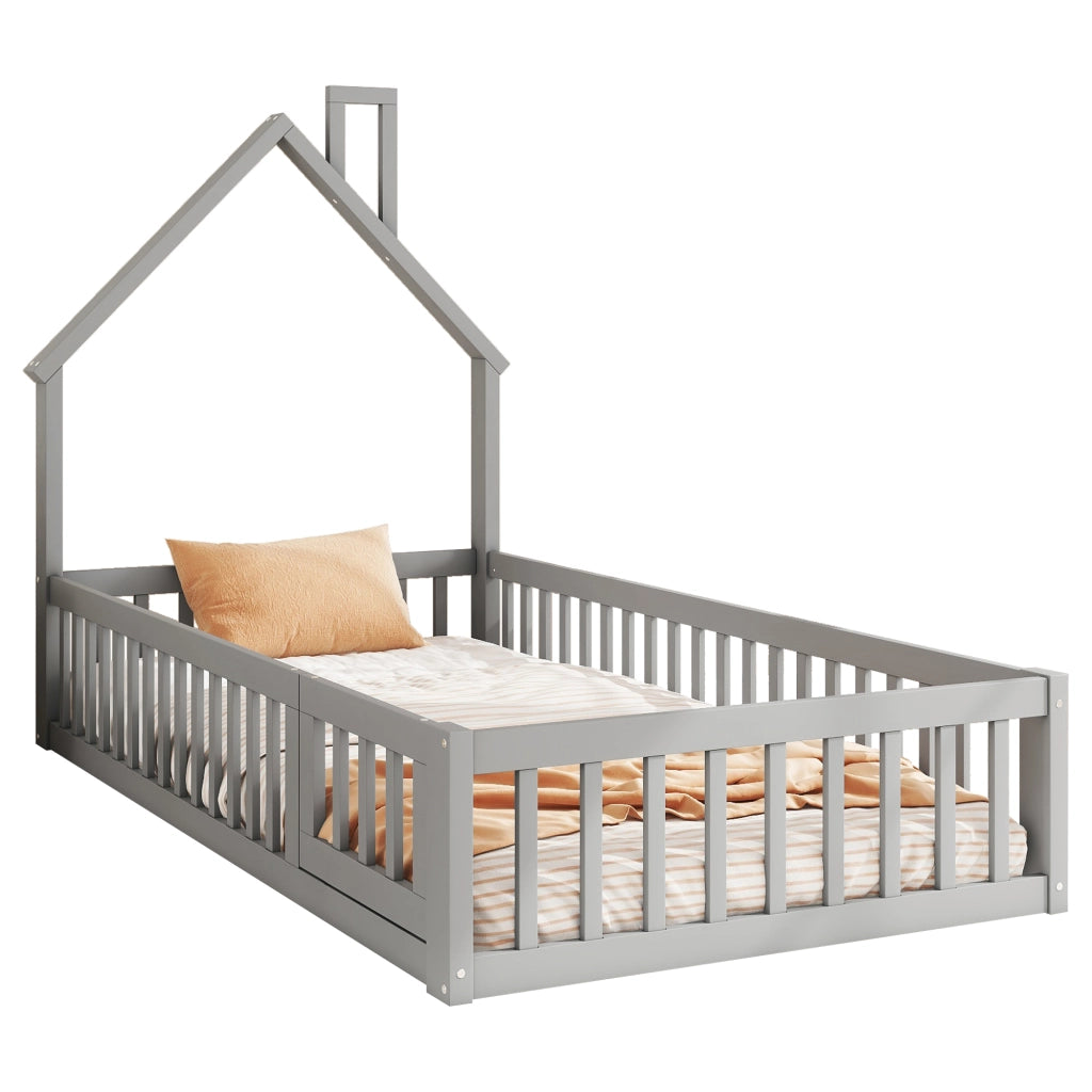 Letto a casetta con camino; recinzione di sicurezza e doghe; pino e MDF; grigio; 90x200 cm; senza materasso