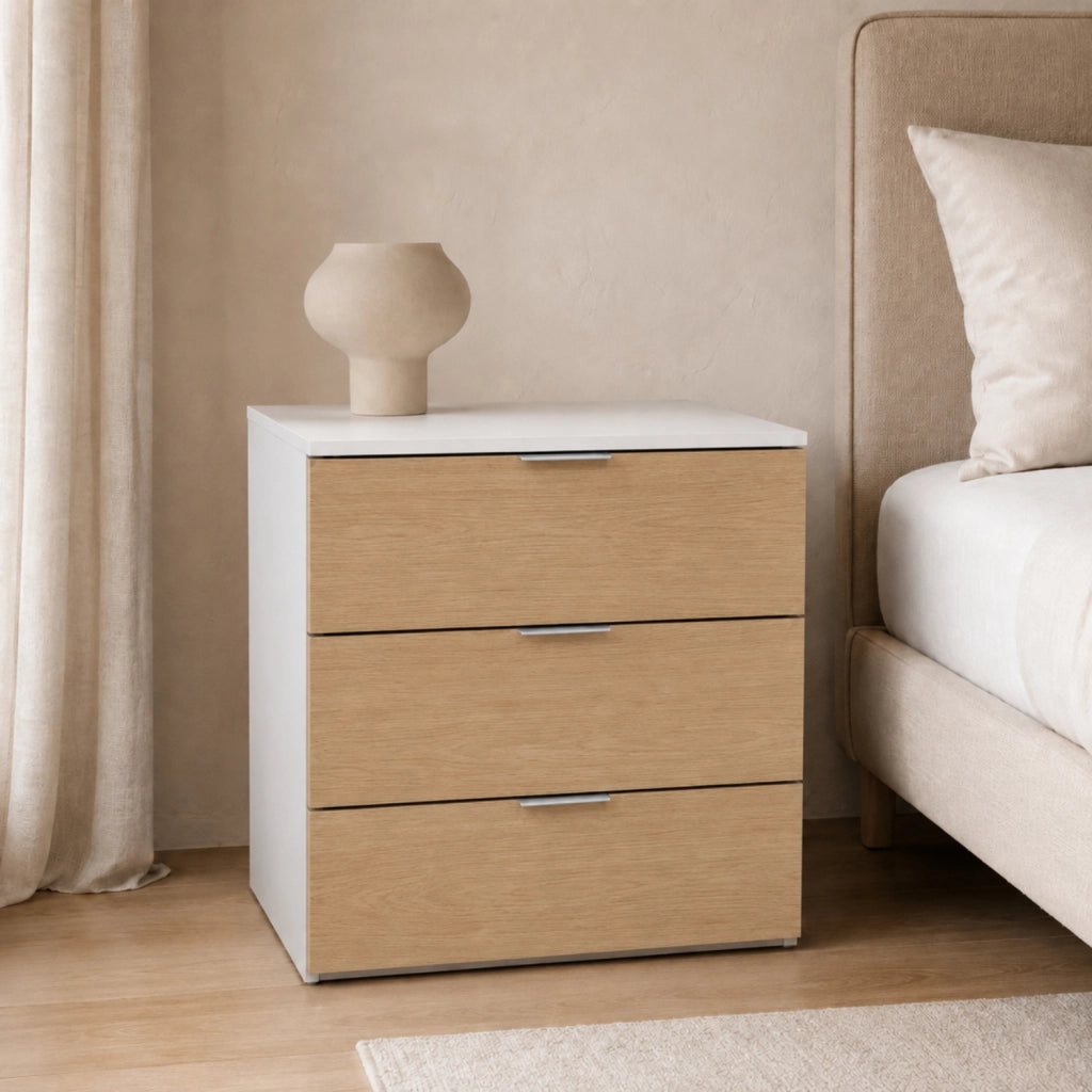 Comò 3 Cassetti Senza Piedi Cassettiera Design Minimal Mobile Per Camera Da Letto Casa Studio Corridoio E Lavanderia 77 X 38 X 80 Cm Bianco E Rovere