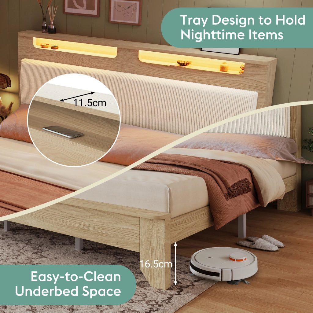 Letto matrimoniale in legno 160x200 cm con testiera portaoggetti; LED e schienale in velluto a coste; rovere chiaro e beige