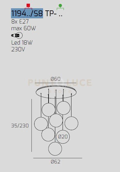 SOSP. BIANCO 8 LUCI TONDA VETRI PICCOLI BRONZO 1194BI-S8 TP-BR