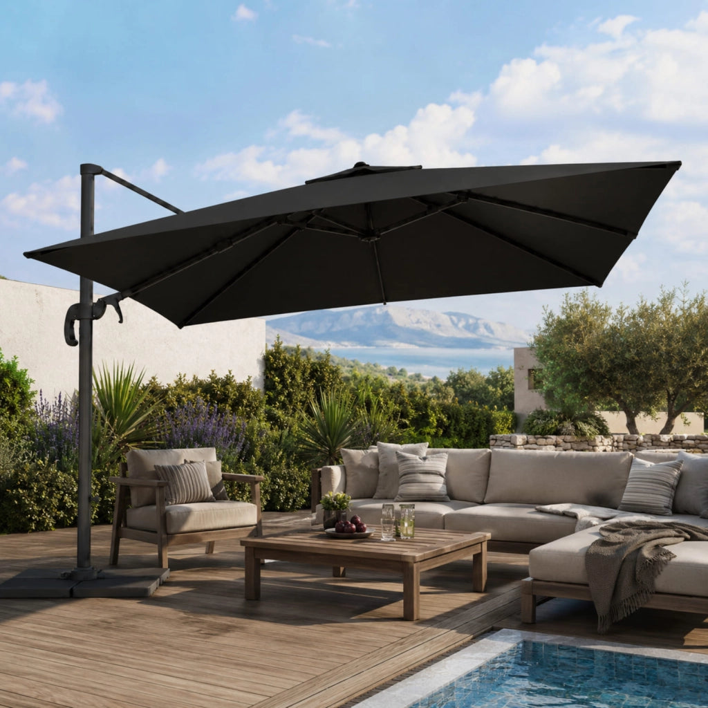 Ombrellone 3X4 M Con Braccio Retrattile E Rotabile A  360° Per Piscina Gazebo Terrazze Bar Hotel In Acciaio Inossidabile Telo 180 G M2 Resistente Ai Raggi UV Impermeabile Nero