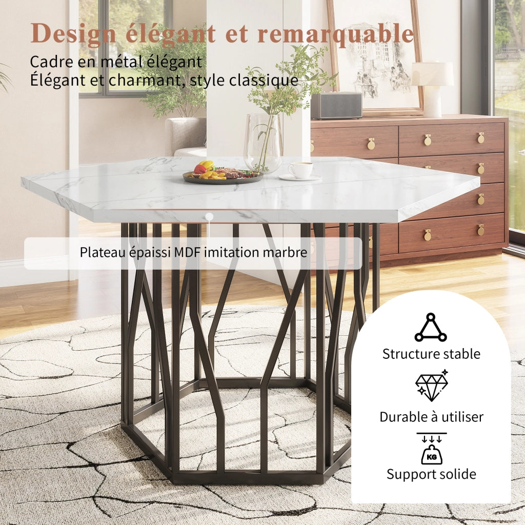 Moderno tavolo da pranzo esagonale in marmo, base a ramo in metallo nero, tavolino da caff¨¨ dall'estetica semplice, adatto a sale da pranzo e soggiorn
