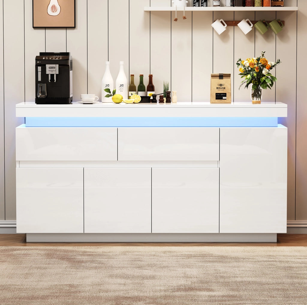 Sideboard moderno 140 x 35 x 72;5 cm in truciolare bianco lucido con LED e 2 cassetti