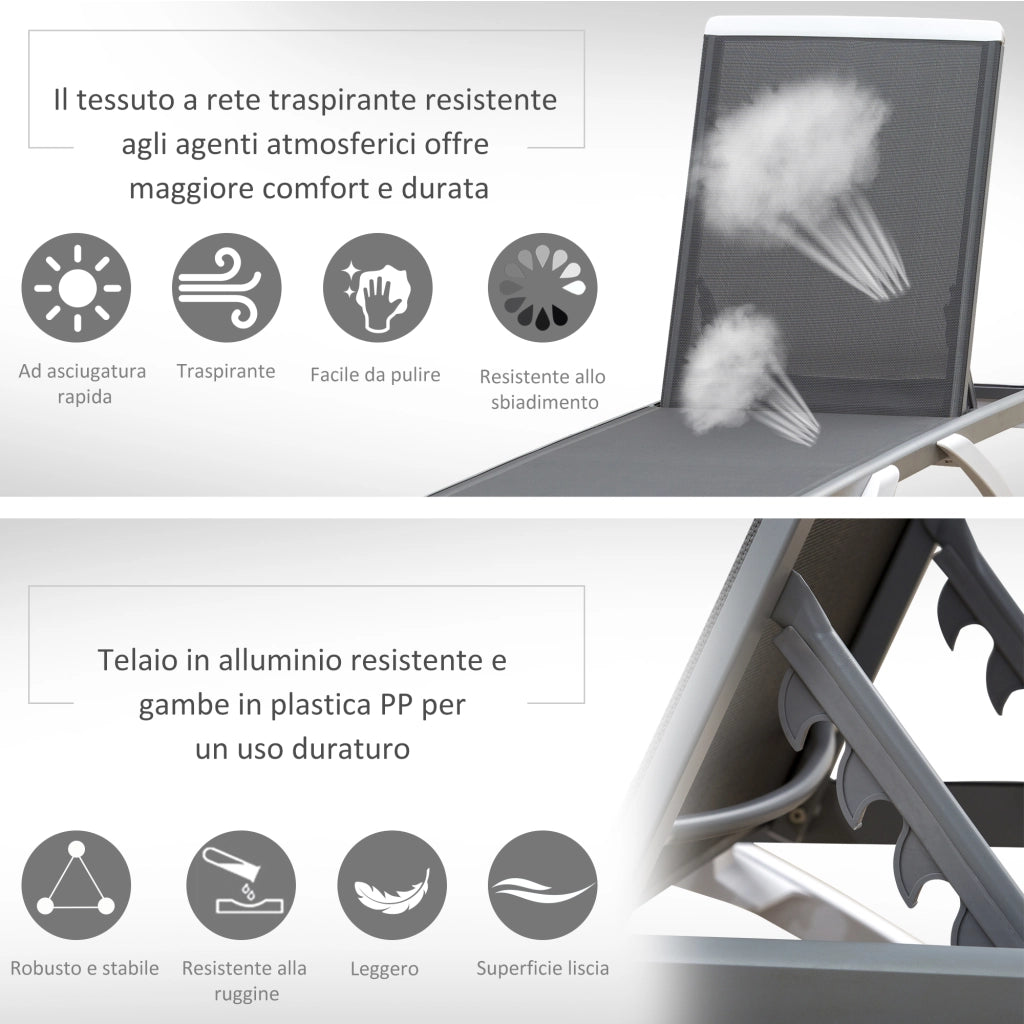 Lettino Prendisole con Schienale Reclinabile e Rotelle ¨C Zephmum ¨C Grigio e Bianco 195x67.5x33