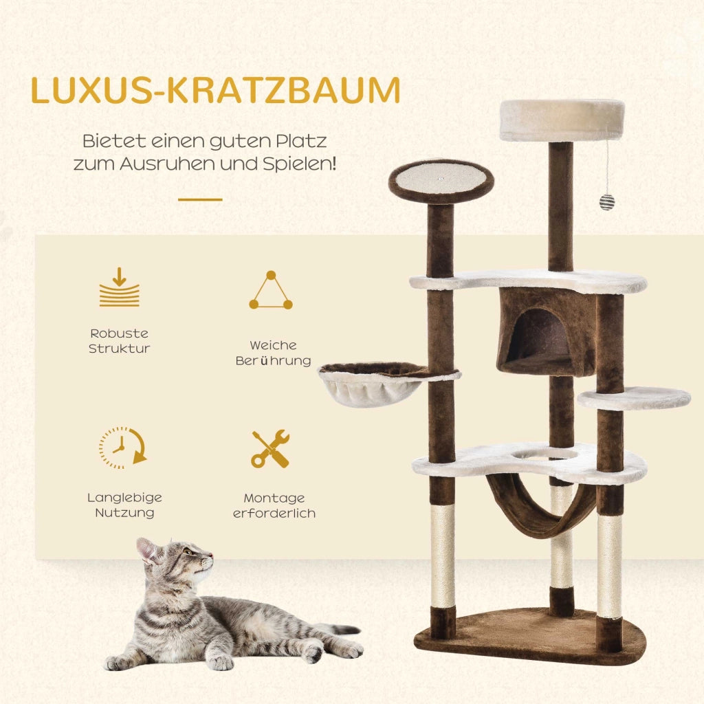 Tiragraffi XXL per gatti, alto 153 cm, con cuccia, amaca e albero per arrampicarsi, in morbido tessuto marrone per giocare e rilassarsi.