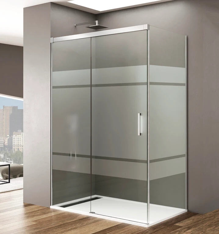 Box doccia angolare BASIC fisso + scorrevole + laterale fisso 150x90 cm (145-150/86,5-89) cromo lucido vetro Frost