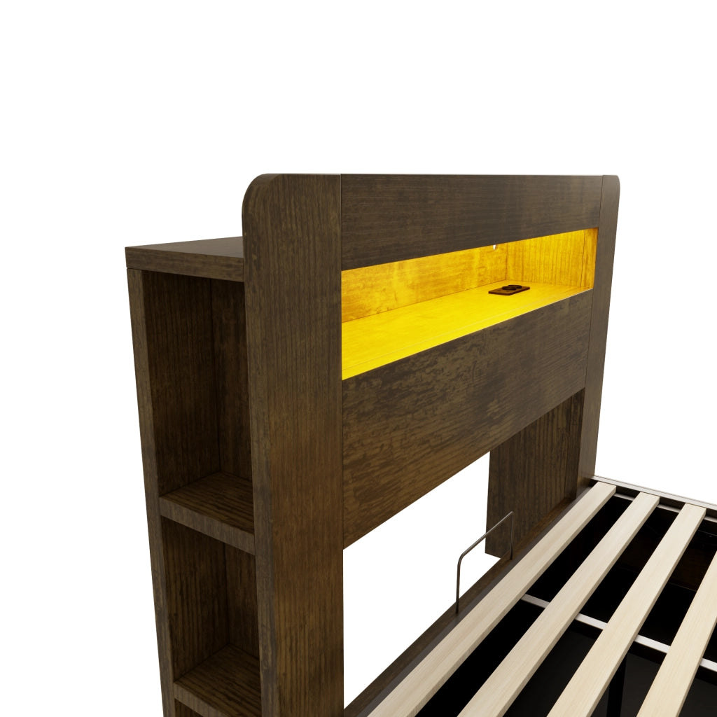 Letto in legno 140x200 cm, con contenitore e ripiani, illuminazione a LED, presa di ricarica, stile retro, marrone