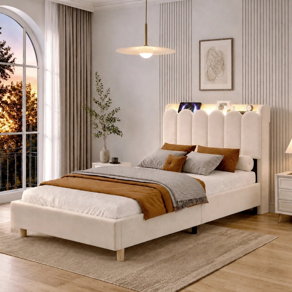 Letto singolo imbottito 90x200 cm in velluto beige, testiera contenitore, USB/Type-C e lampada da lettura