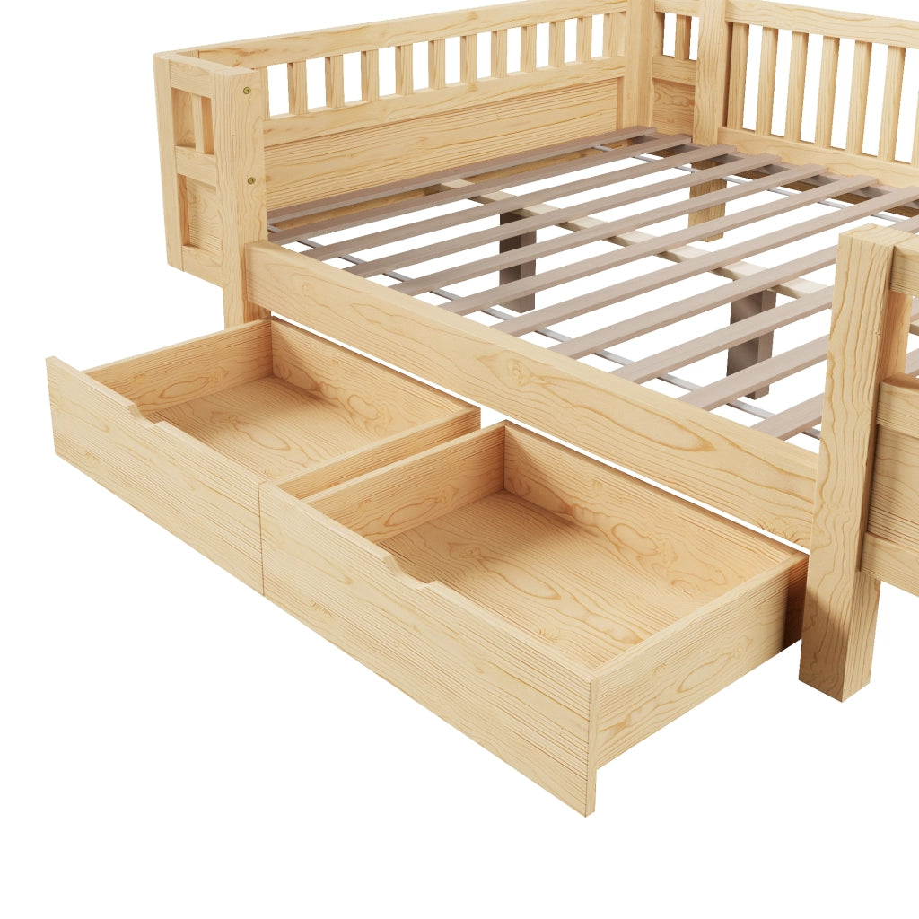 DESMIU Letto per bambini 140 × 200 cm con 2 cassetti, senza materasso, in legno massiccio e MDF, colore legno