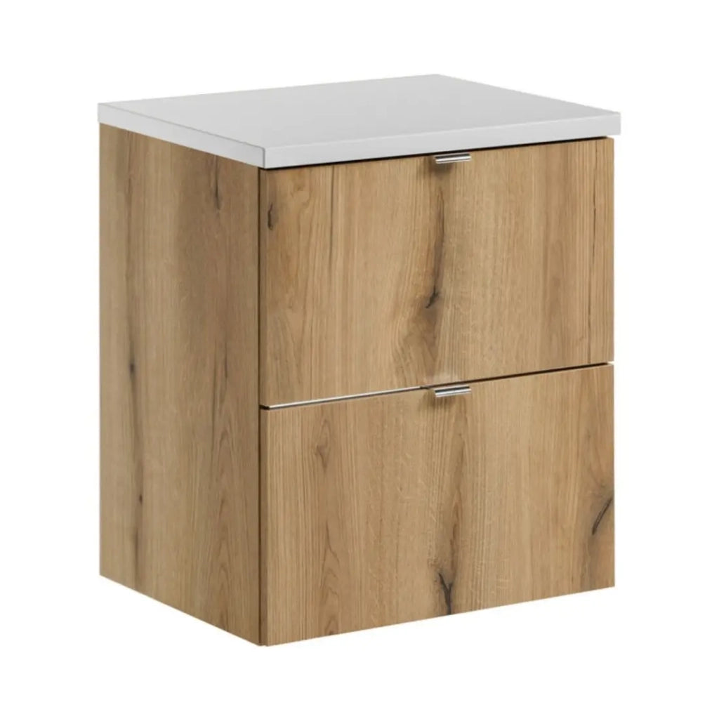 Set bagno sospeso VANO in rovere e bianco 50cm: mobile sotto lavabo con cassetti + piano per lavabo