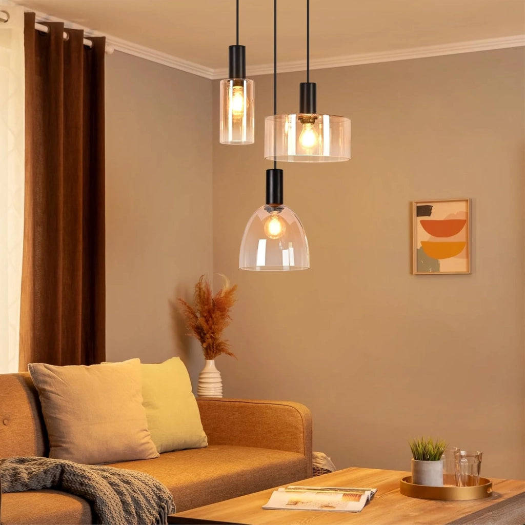 ZMH Lampada a Sospensione 3 Luci Vetro Ambra Industriale Altezza Regolabile per Sala da Pranzo Soggiorno Senza Lampadina