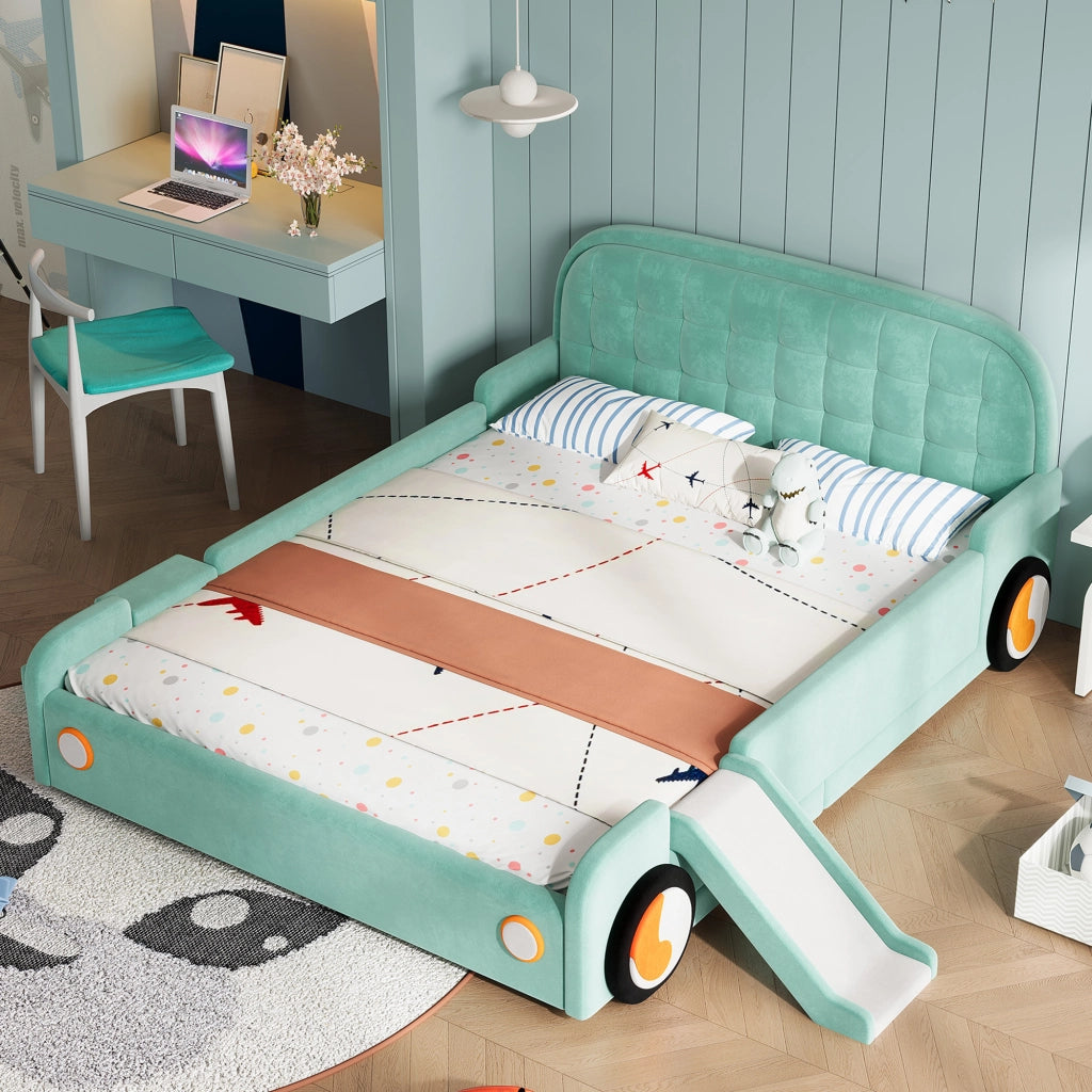 LETTO per bambini a forma di auto con scivolo e scala 140x200 cm velluto blu-verde