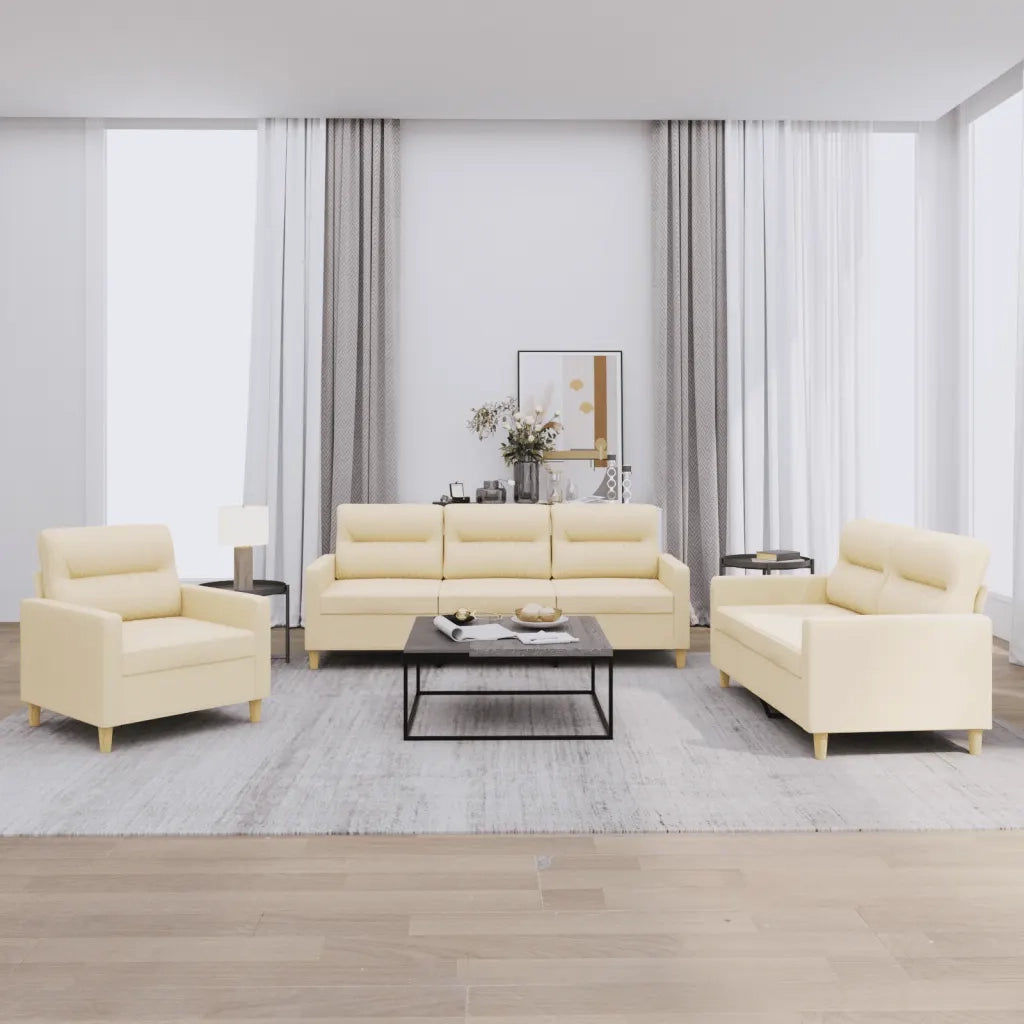 Set di Divani 3 pz con Cuscini Crema in Tessuto