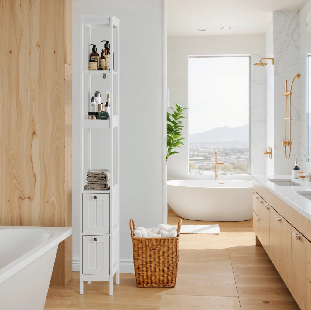 Mobile bagno stretto 20x30x160 cm con 2 cassetti e 3 ripiani in MDF bianco
