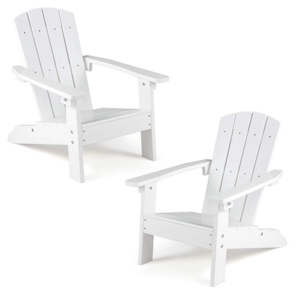 Set di 2 sedia adirondack per bambini in plastica resistente alle intemperie, Poltrona da giardino con schienale a doghe inclinato Bianco