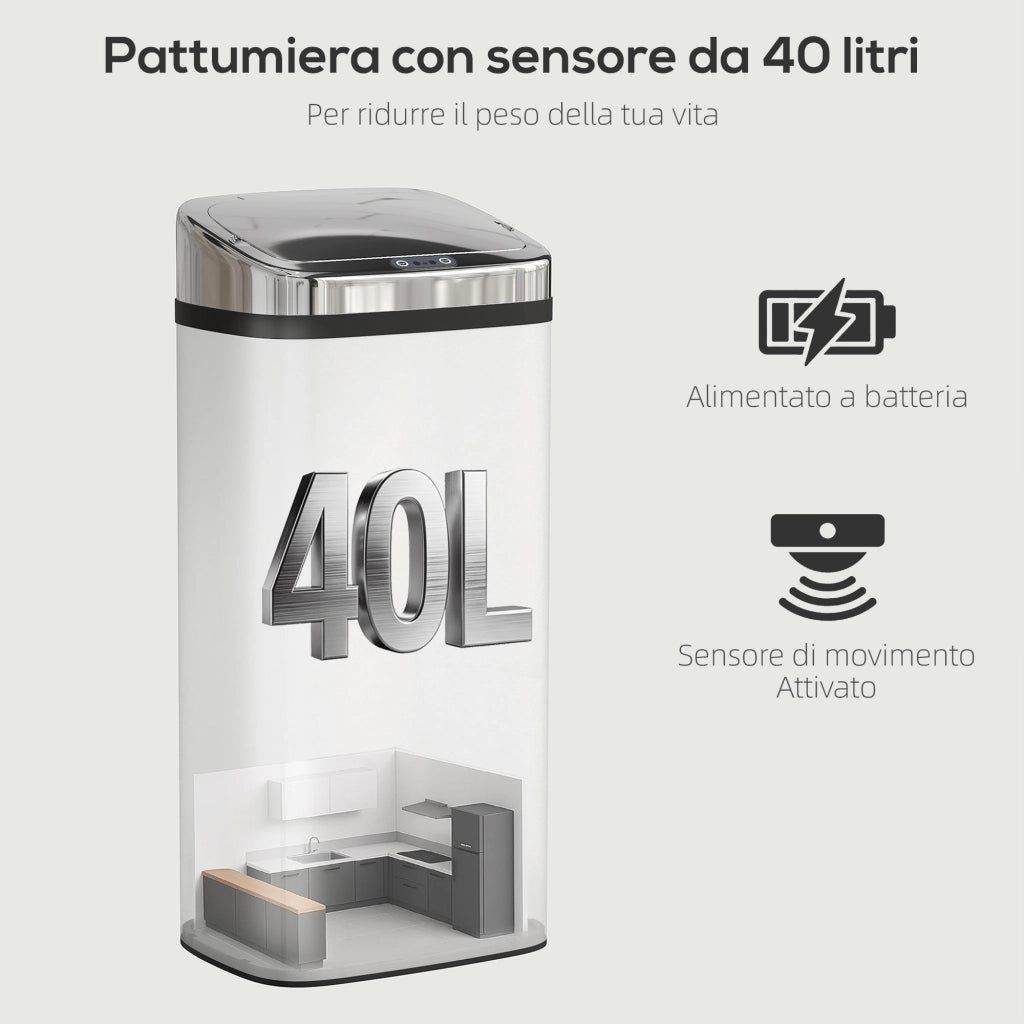 Bidone per Rifiuti da 40L con Sensore per Apertura e Chiusura Automatica, 33x25x70 cm, Argento