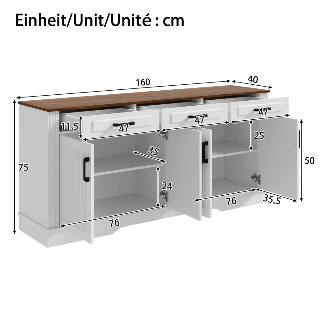SIDEBOARD con 3 Cassetti e 4 Ante 160x40x75 cm MDF Bianco