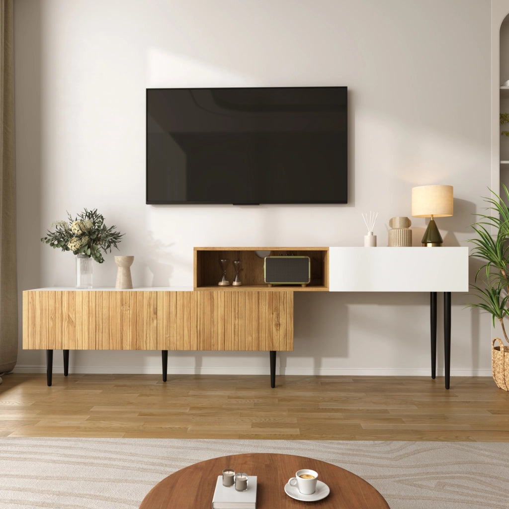 MOBILE TV modulare 240x30x63,5 cm Bianco e legno Set da 2 pezzi
