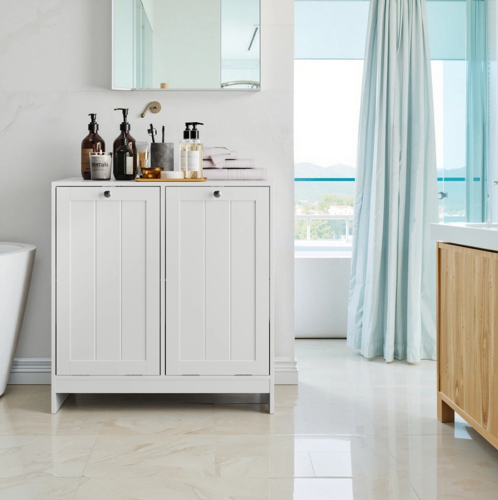 Armadio portabiancheria con 2 cesti rimovibili; struttura stabile in MDF e pannello truciolare; bianco