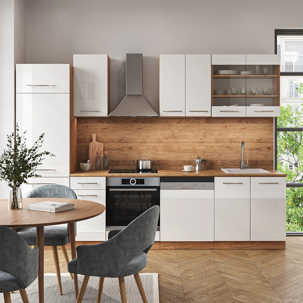 Cucina componibile Fame-Line Bianco lucido/Rovere dorato 300 cm, PL Rovere Vicco