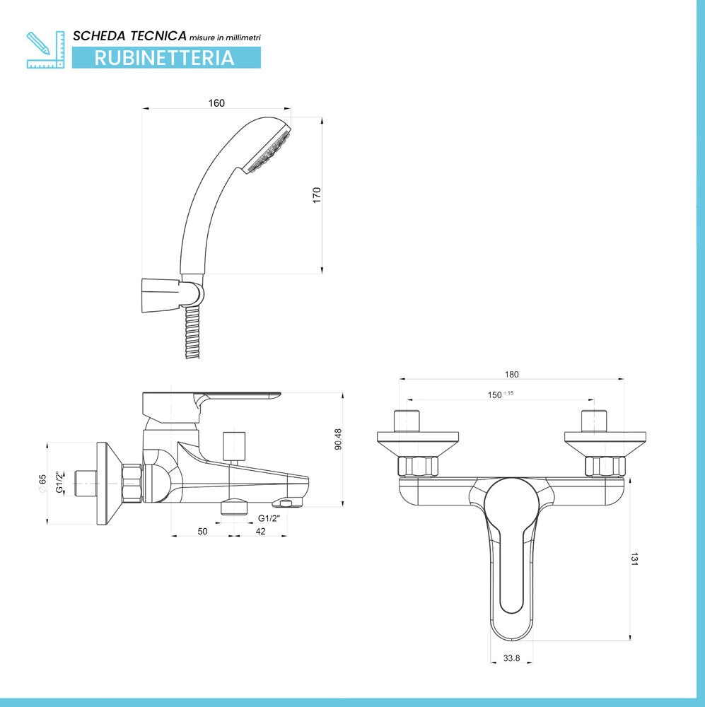 Miscelatore vasca installazione esterna in ottone cromato lucido con kit doccia P3 di Paini