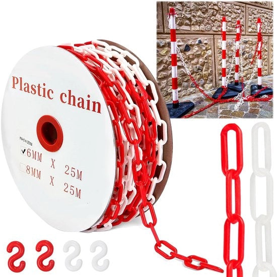 Catenaccio in plastica 25 m - Catenaccio di sicurezza - Rood/Wit - 4 ganci di arresto - Catenaccio di allarme - Diametro 6 mm - Catenaccio di sicurezza