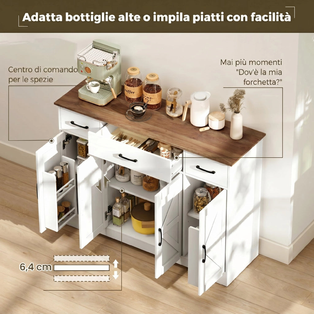 Credenza da Cucina Stile Rustico 120x38x87 cm con Ante Soft-Close 3 Cassetti 3 Ripiani Regolabili Portaspezie in MDF