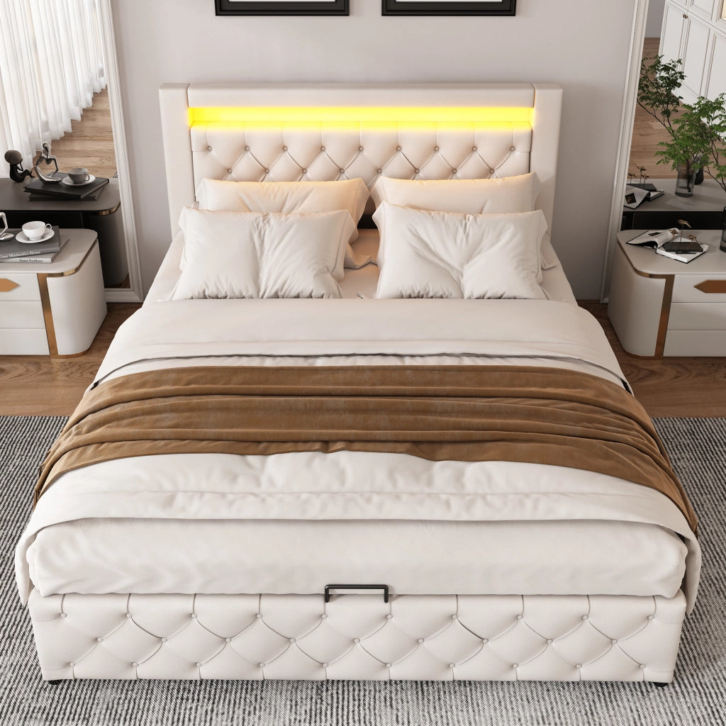 LETTO imbottito 160x200 cm bianco in PU con LED e cassettone