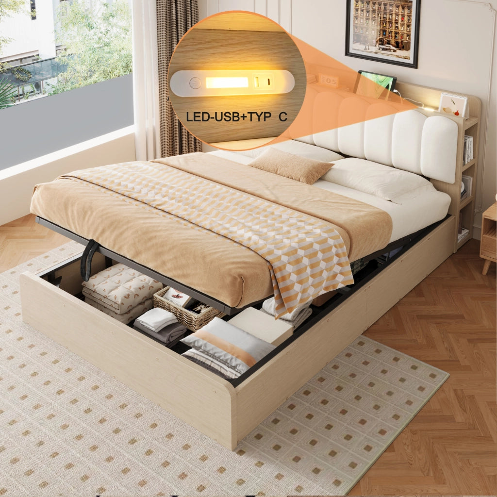 DESMIU Letto contenitore 140 × 200 cm 2 posti con USB, luce e vani, senza materasso, legno naturale