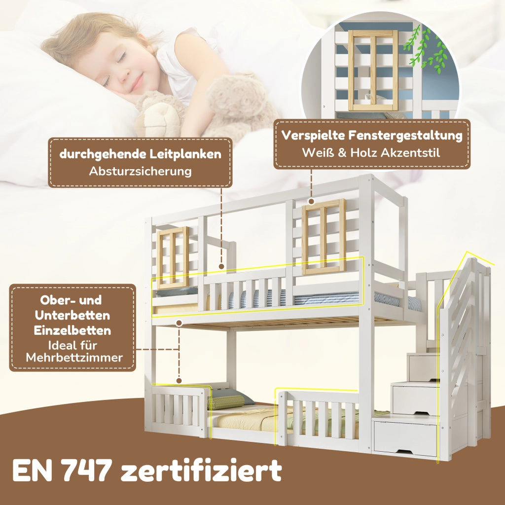 DESMIU Letto a castello per bambini 90 × 200 cm con scala-armadio, finestre in legno e senza materasso