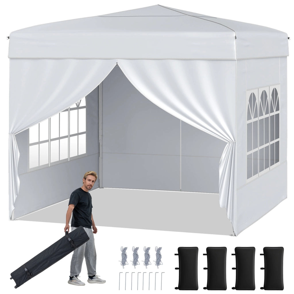 Gazebo da giardino pieghevole con 4 pannelli laterali altezza regolabile borsa da trasporto, Gazebo da esterno impermeabile Bianco