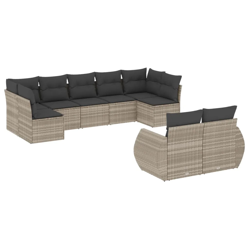 Set Divano da Giardino 9pz con Cuscini Grigio Chiaro Polyrattan